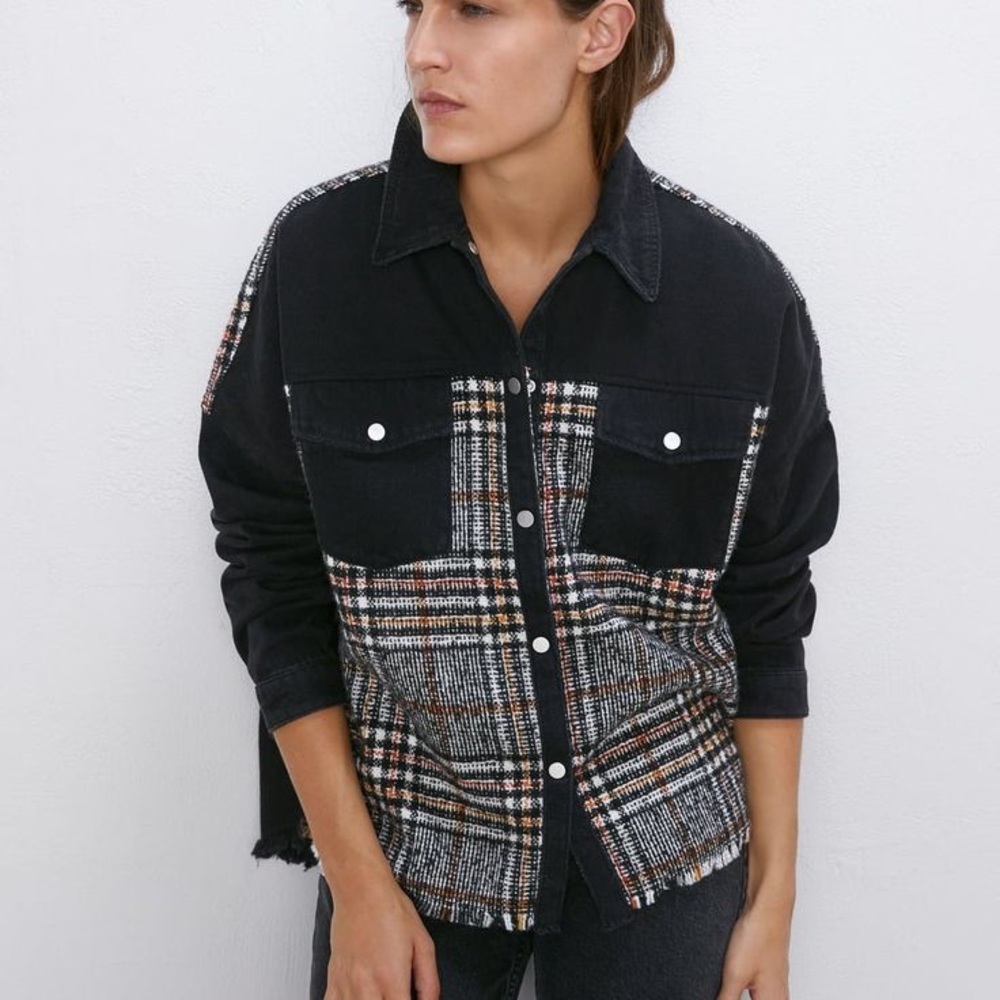 Zara Women's Jacket Oversized Denim Tweed Wool Blend Plaid Size XS